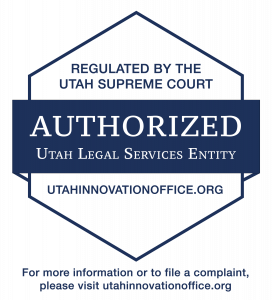 Blue six-sided badge with the words “Regulated by the Utah Supreme Court, AUTHORIZED Utah Legal Services Entity, utahinnovationoffice.org”